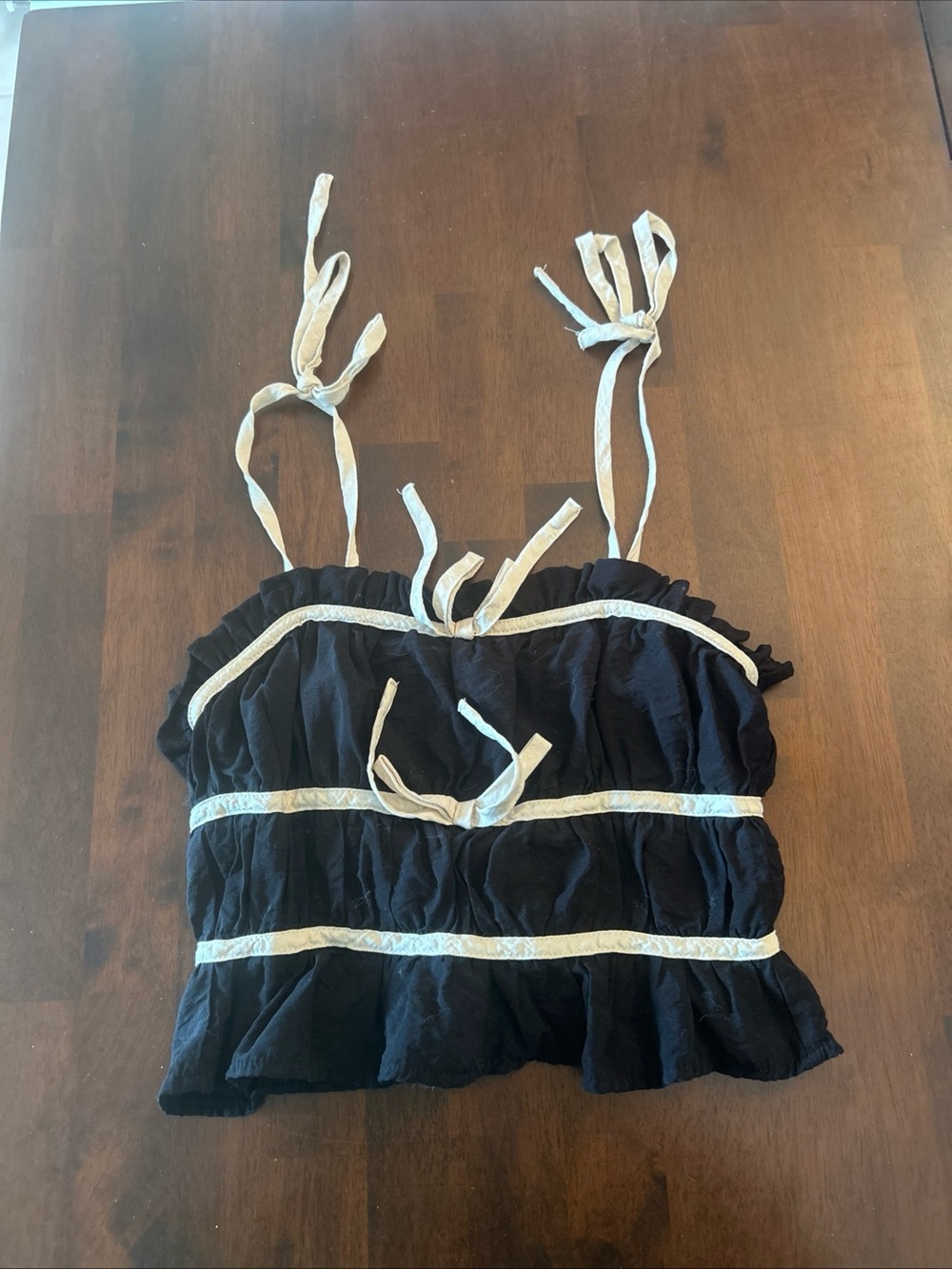 Thirty Thirty LA Crop Top Ruffle Bow Ties Black Cream Coquette Y2K Women's XS